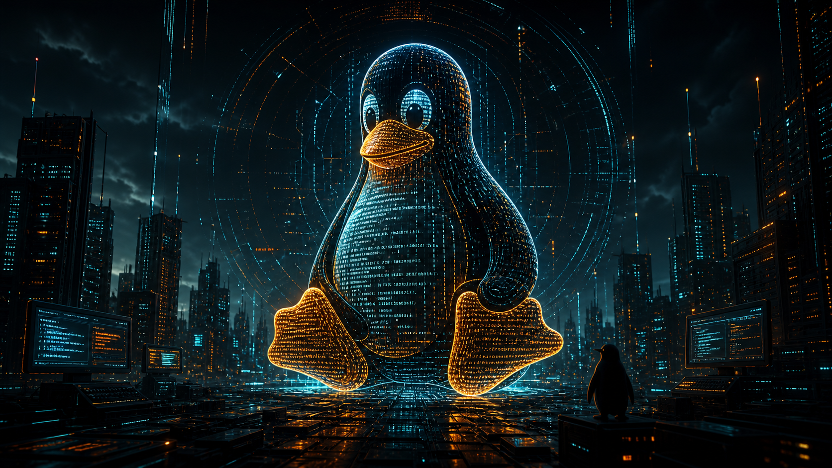Illustration de l'anniversaire des 35 ans de Linux, manchot Tux en circuits lumineux