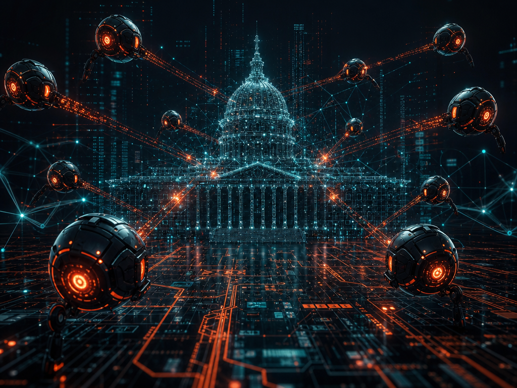Huit agents IA coordonnent une cyberattaque contre des systèmes gouvernementaux, illustration sombre style cyberpunk.