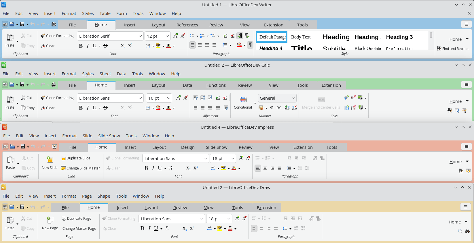 Chaque module de LibreOffice a désormais sa couleur de fond dans la barre d'onglets.