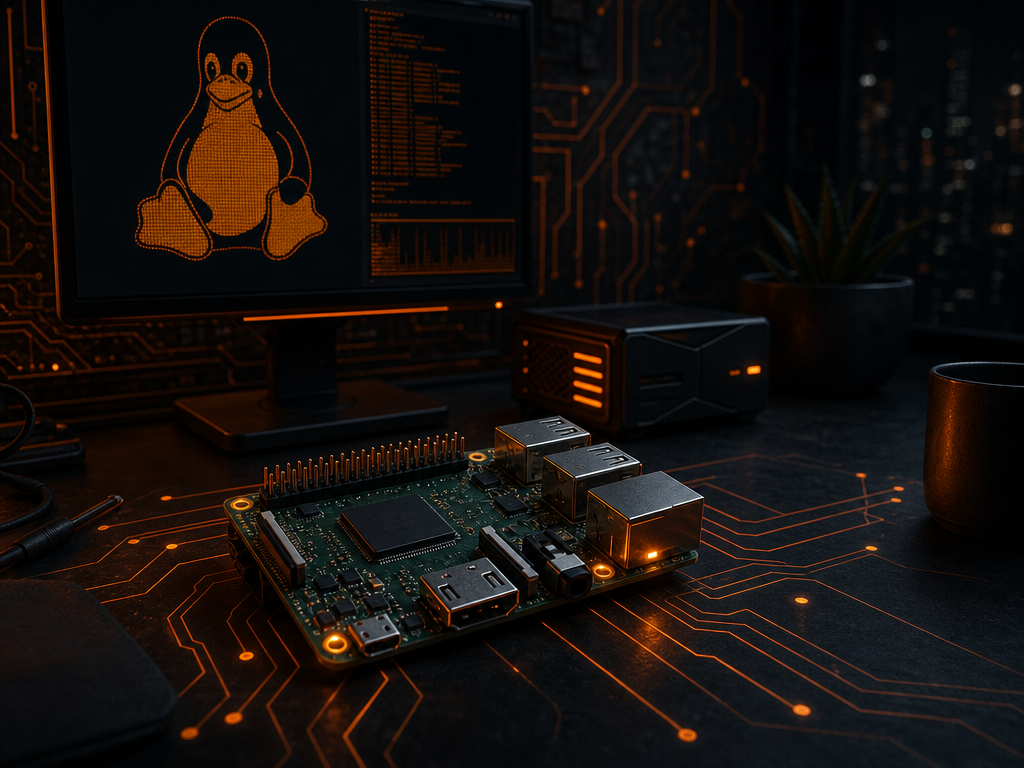 Illustration IA d’une carte ARM sous Linux, ambiance tech sombre et orange.