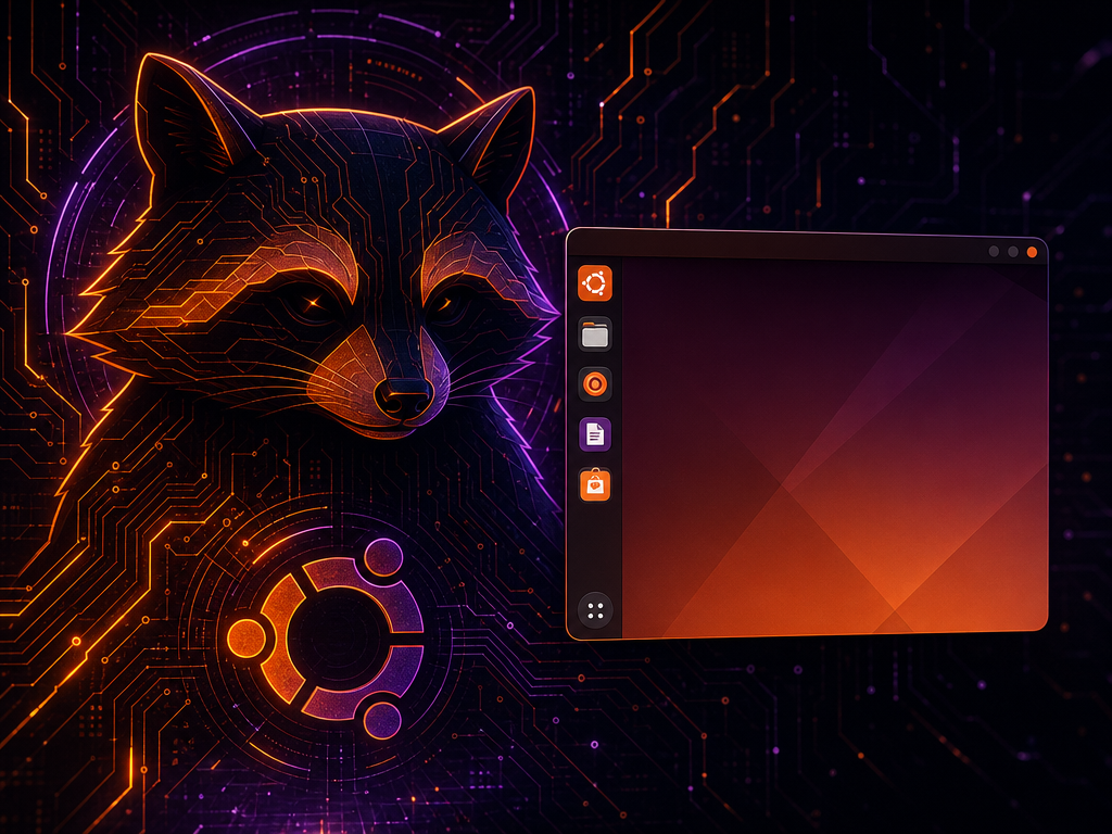 Illustration technique sombre d'Ubuntu Resolute Raccoon avec un raton laveur stylisé sur circuits