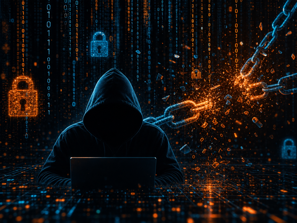 Illustration d'un pirate informatique devant un mur de code