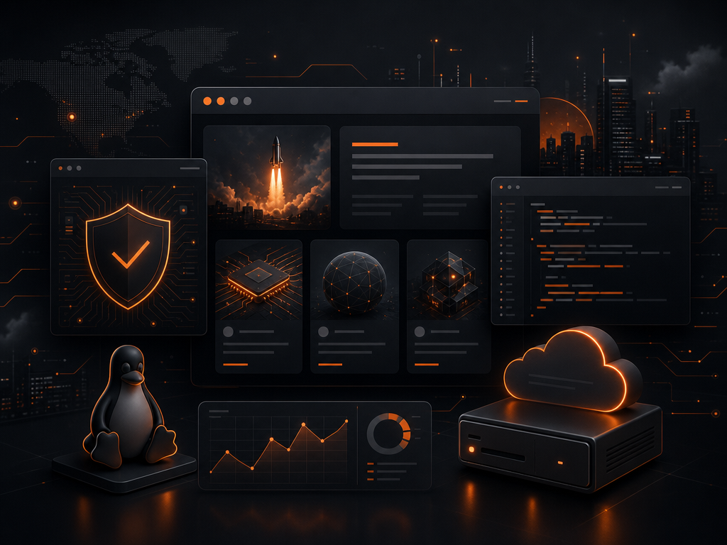 Revue technologique du jour, thème sombre avec touches orange