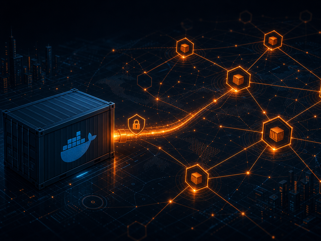 Illustration d'un conteneur Docker relié à un réseau privé chiffré, style sombre avec accents orange