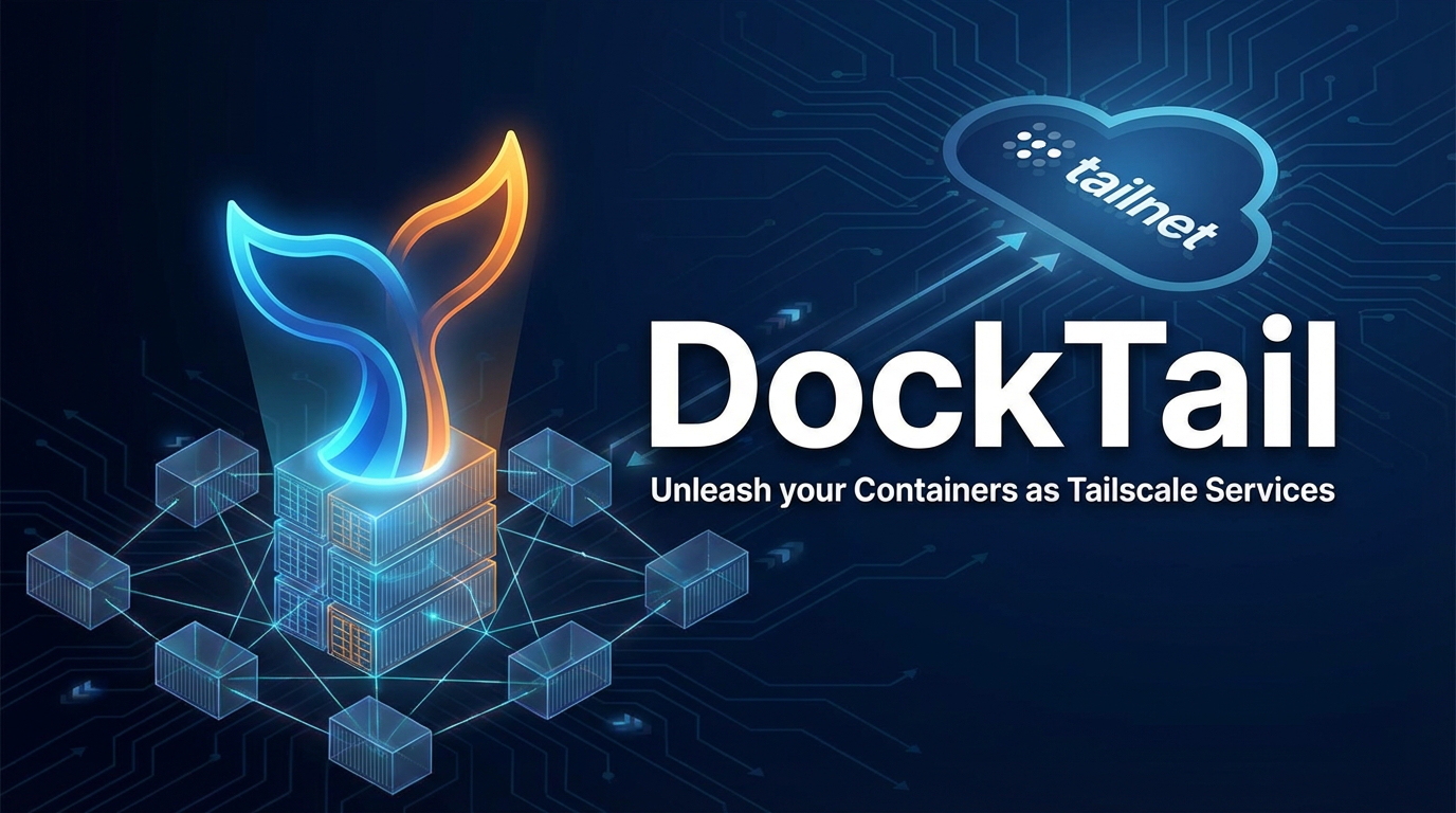 Bannière du projet DockTail, montrant un conteneur Docker relié à un réseau Tailscale.
