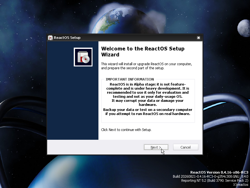 L'installateur graphique de ReactOS 0.4.16, qui remplace l'ancien programme en mode texte