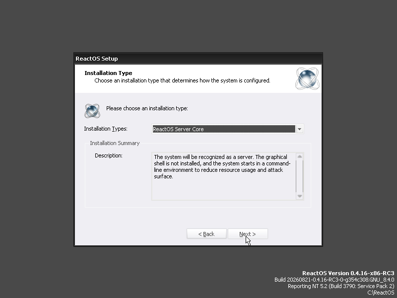 Le mode Server Core de ReactOS 0.4.16, sans interface graphique