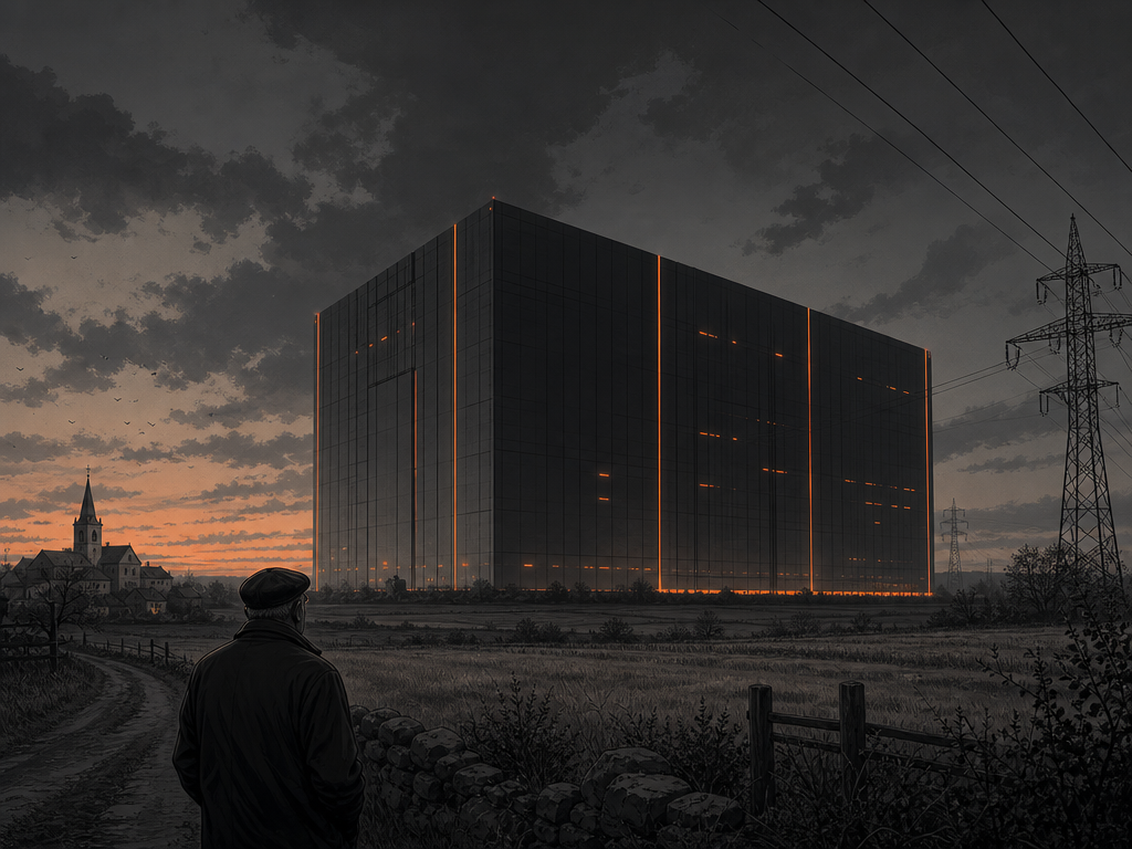 Datacenter IA géant écrasant un village de campagne française