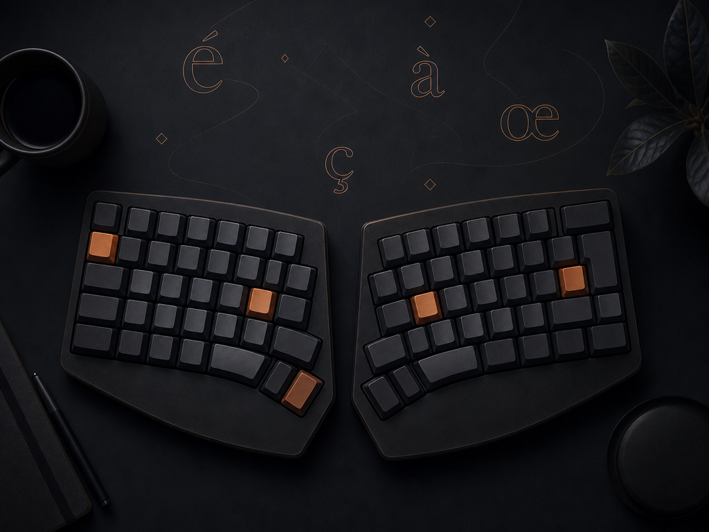 Clavier ergonomique bépo sombre avec glyphes français