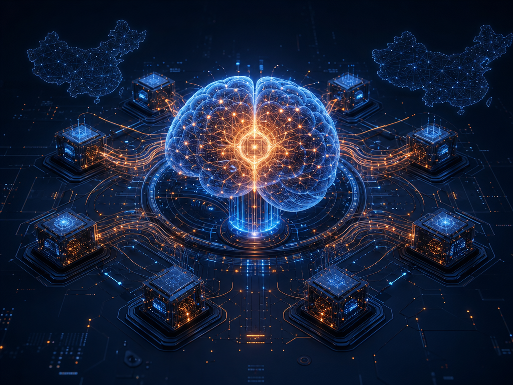 Illustration abstraite d'un modèle d'IA open source, avec des connexions neuronales orange et bleues.