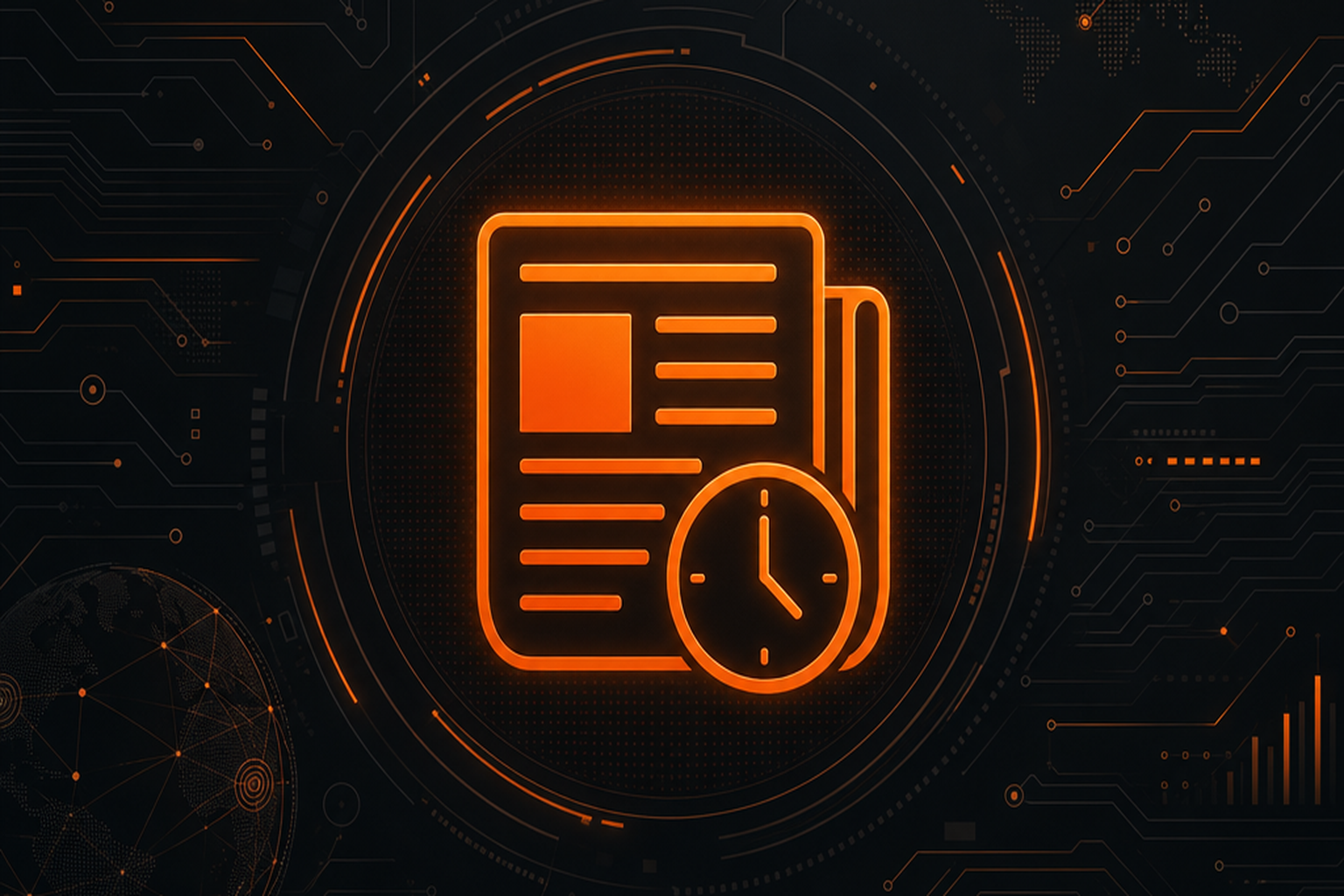 Illustration sombre représentant une revue de l'actualité technologique du jour, avec des touches orange.