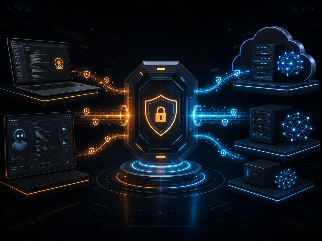 Illustration d'un portail sécurisé entre des clients IA et des modèles cloud et locaux