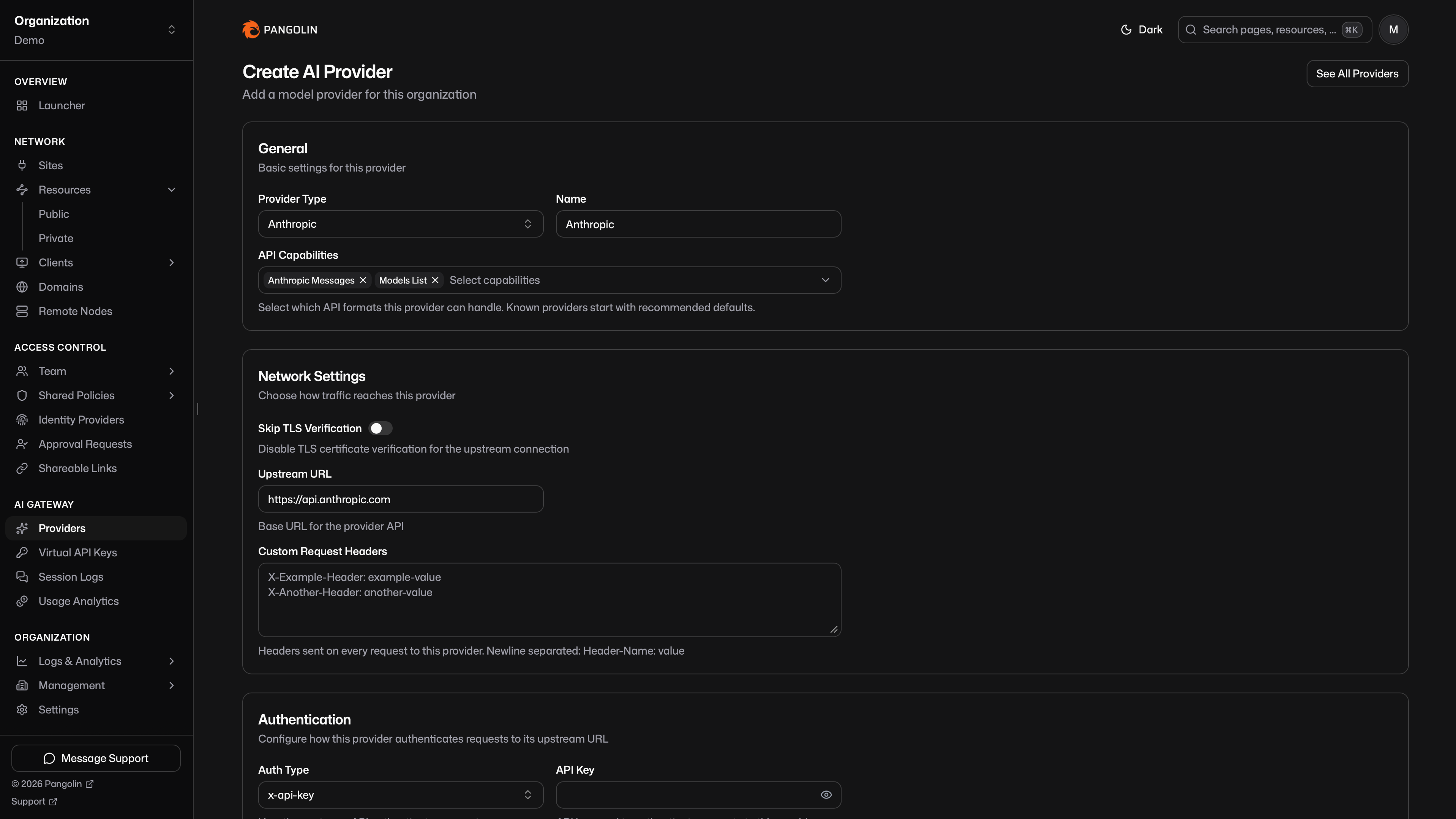 Interface de configuration d'un fournisseur de modèle d'IA dans Pangolin 1.22