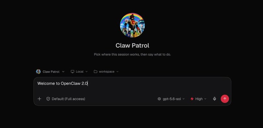 Capture de l'interface navigateur d'OpenClaw 2.0 montrant un agent et un nouveau champ de conversation
