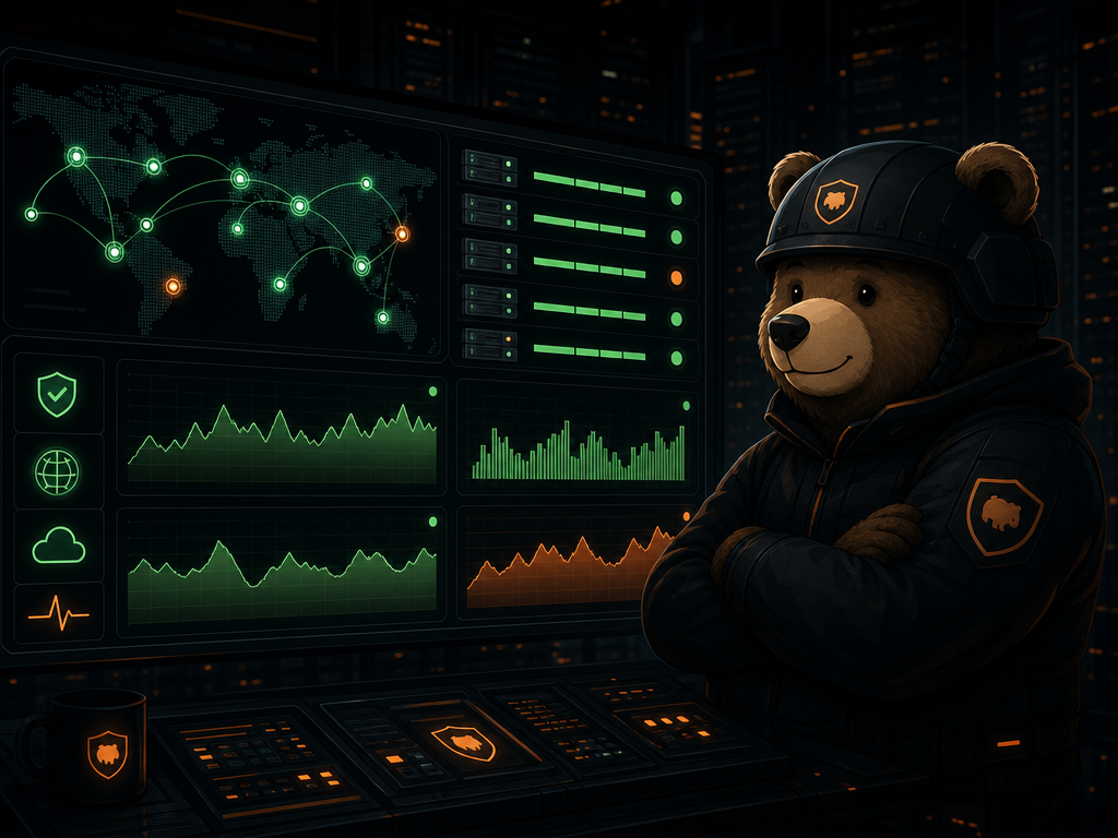 Illustration d'un ours gardien surveillant un tableau de bord de serveurs