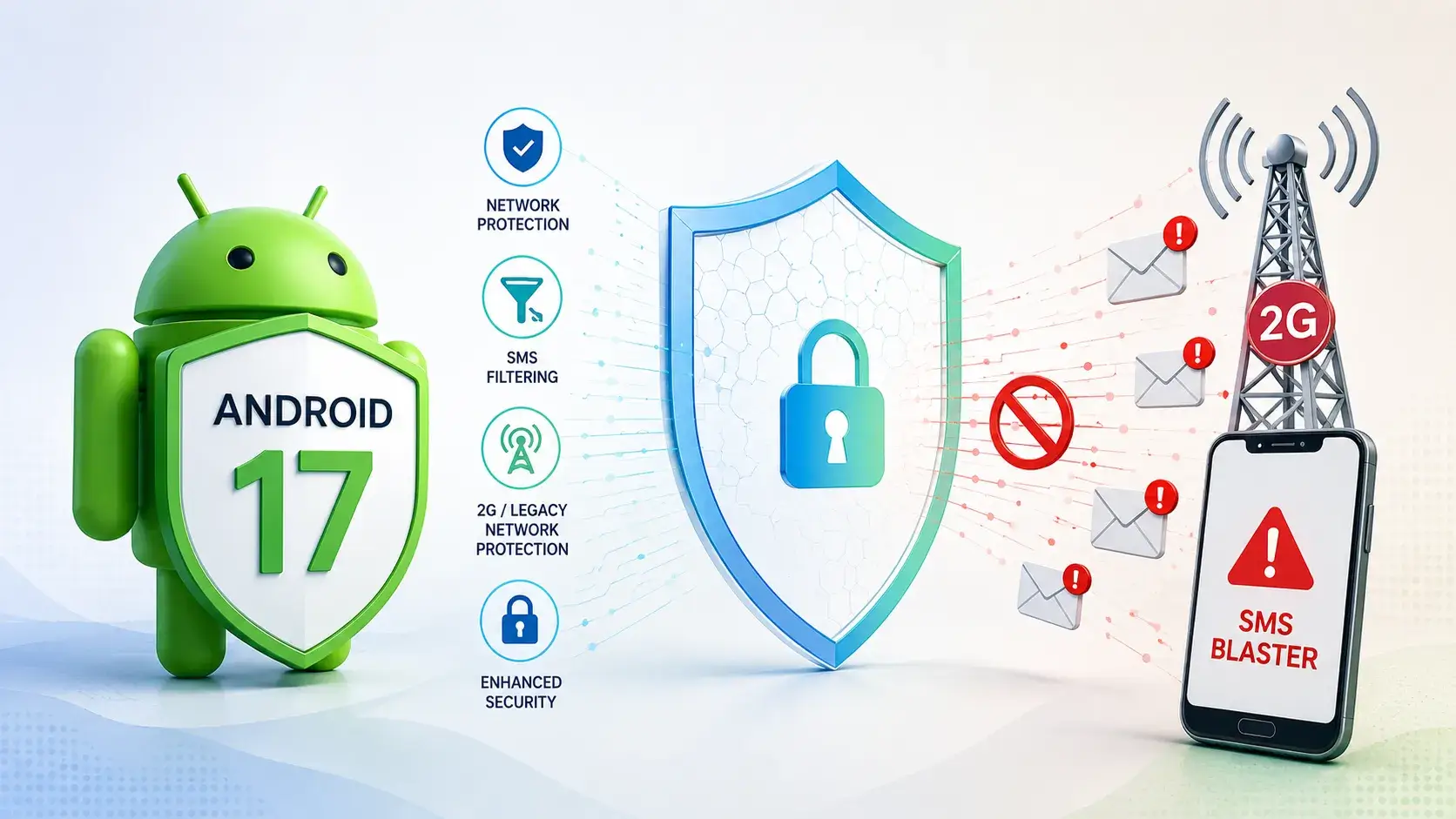Schéma du fonctionnement d'une attaque par fausse antenne 2G, que Android 17 vise à bloquer
