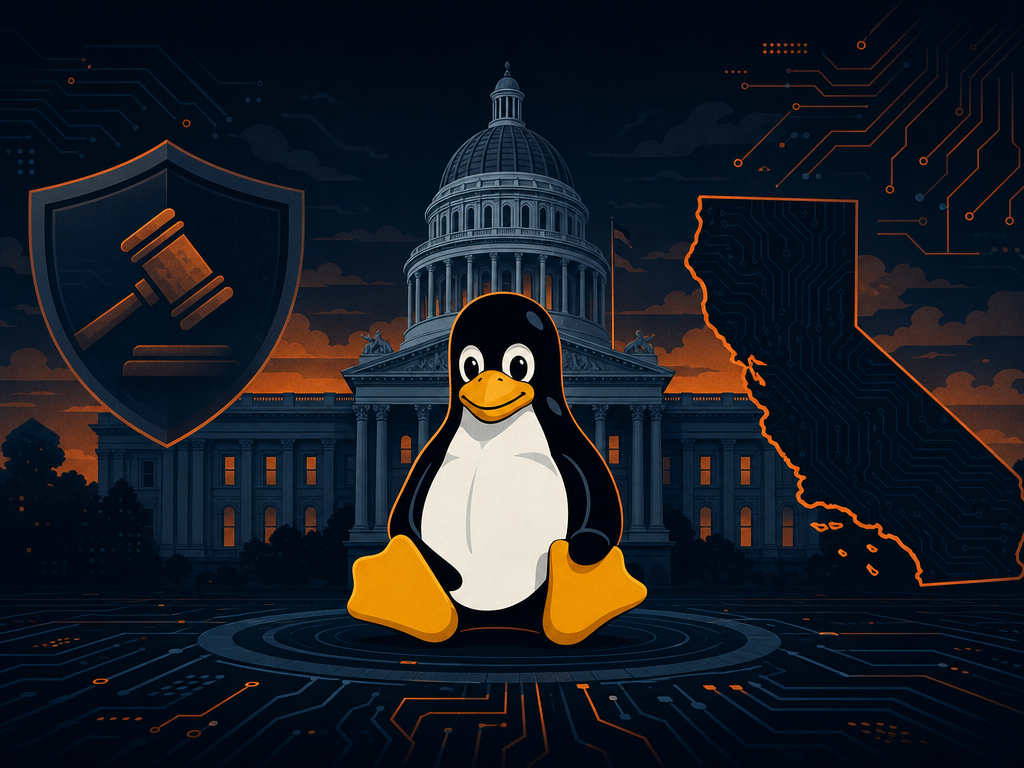 Illustration d'un manchot Linux devant le Capitole de Californie