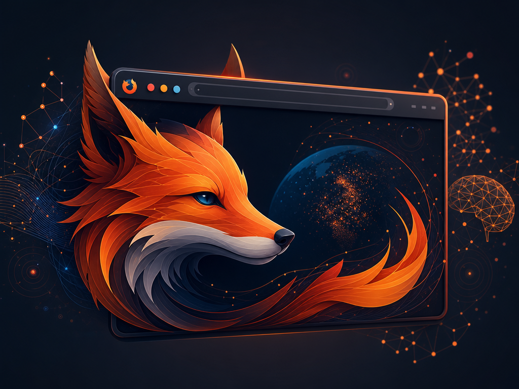 Illustration du renard de Firefox entouré de réseaux neuronaux IA, sur fond sombre