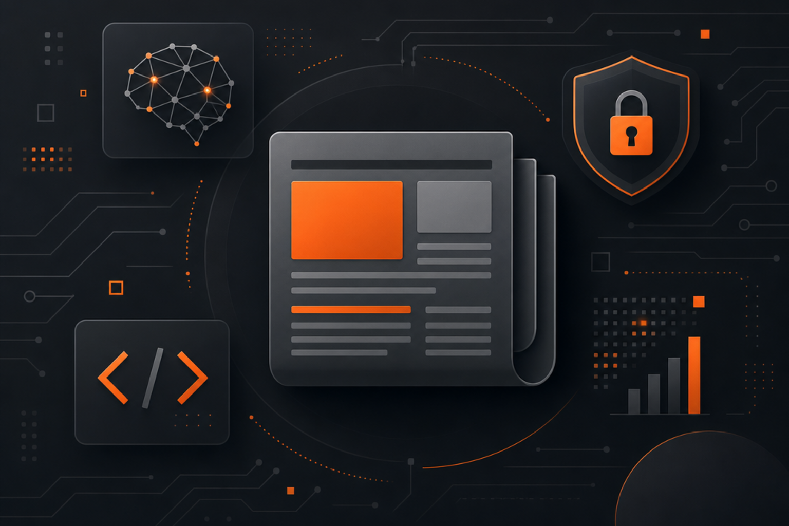 Illustration sombre de la revue technologique du jour, avec touches orange.