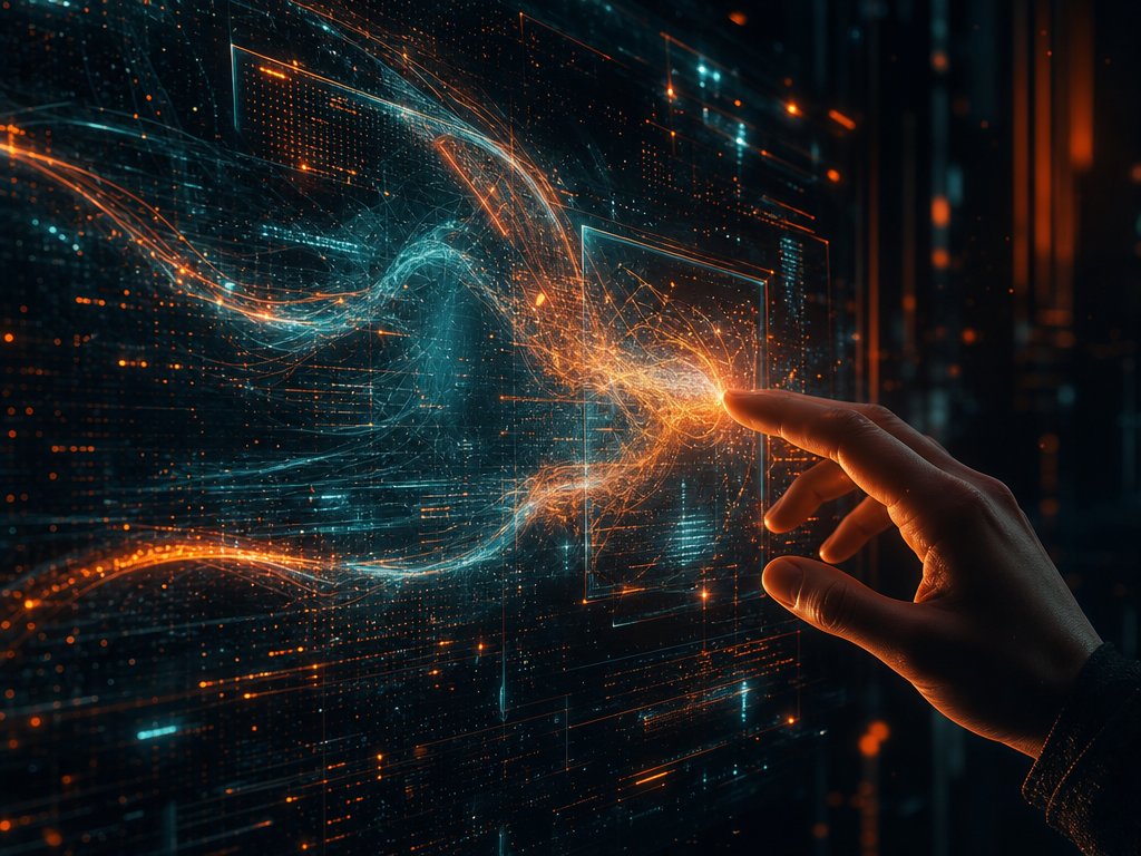Illustration sombre d'une interface générée en direct par IA, touches orange.