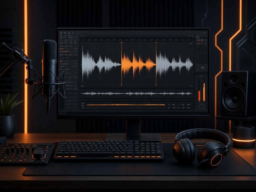Illustration d'un poste de montage audio avec une forme d'onde à l'écran
