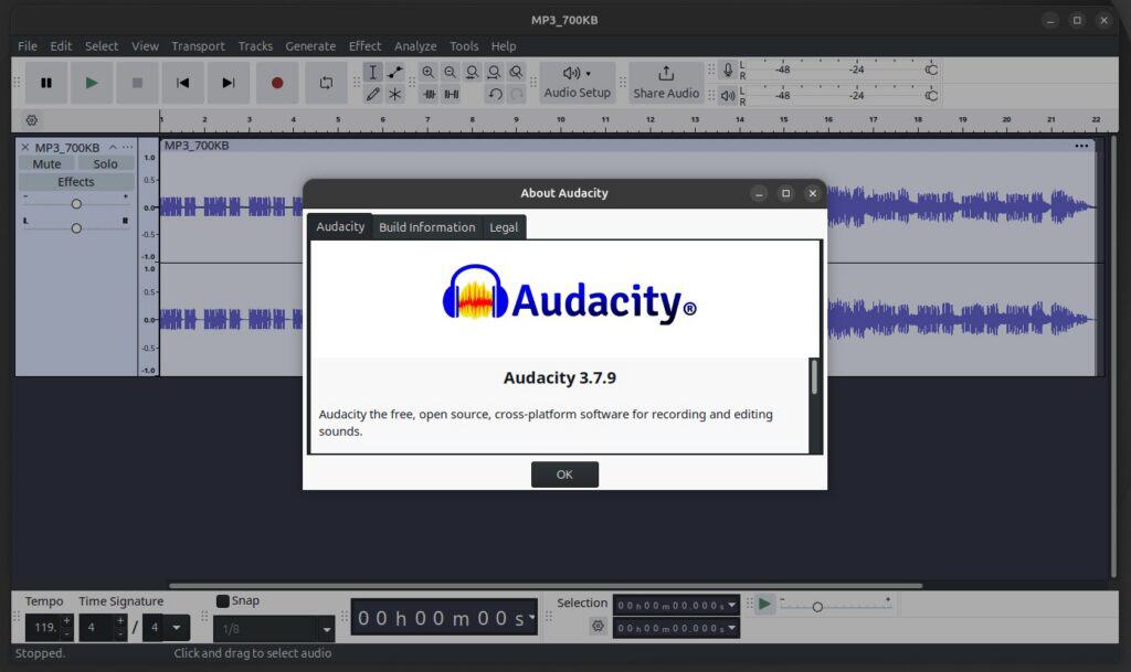 L'interface d'Audacity 3.7.9 avec une piste audio en cours d'édition