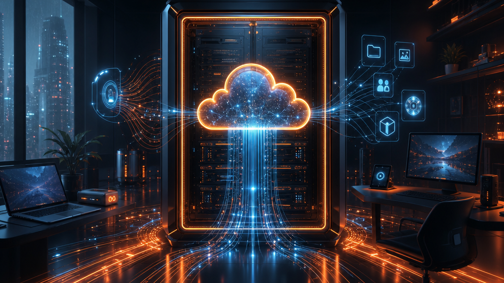 Illustration d'un cloud privé auto-hébergé avec des serveurs et des flux de données