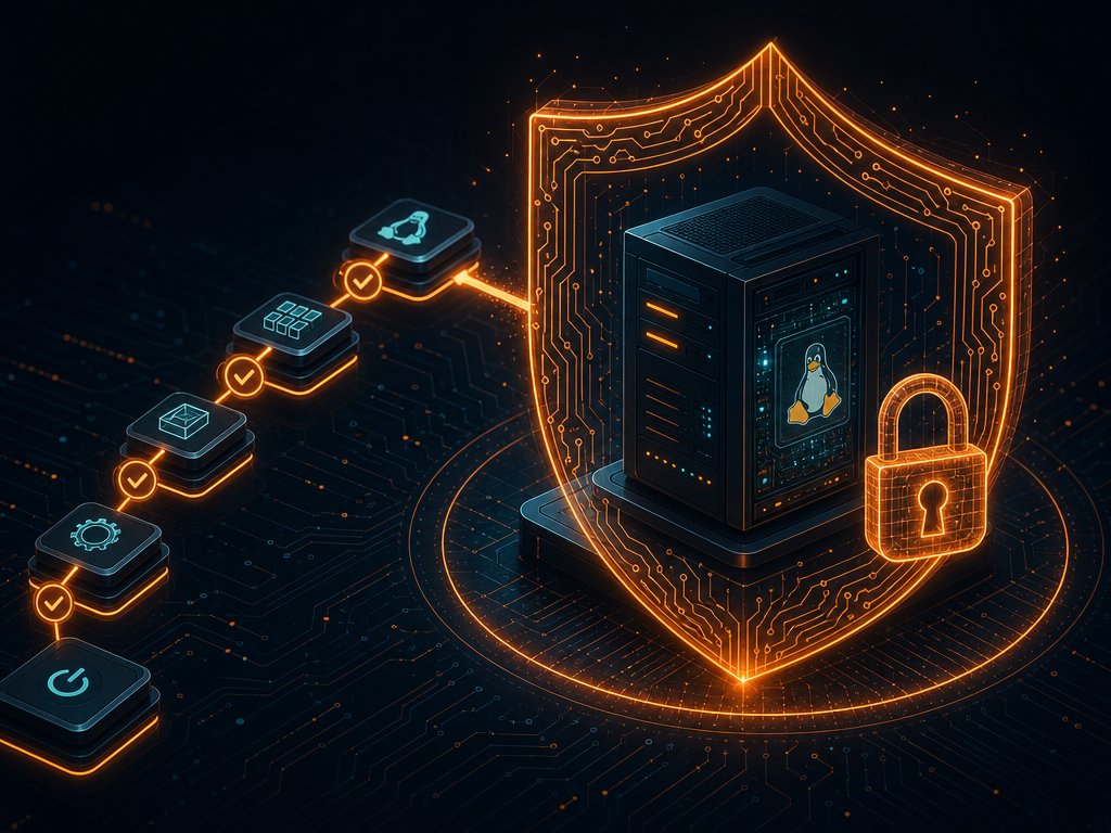 Illustration abstraite d'un système Linux qui se sécurise, avec un bouclier et un cadenas.