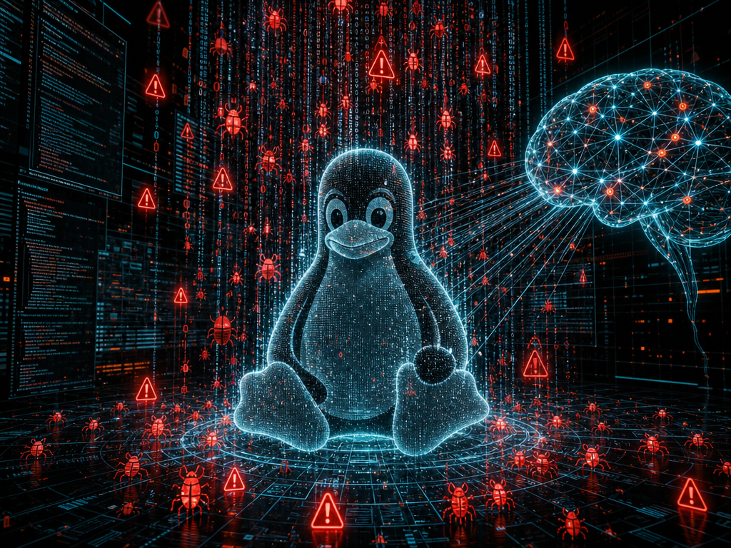 Illustration IA du noyau Linux submergé par des bugs détectés par l'IA