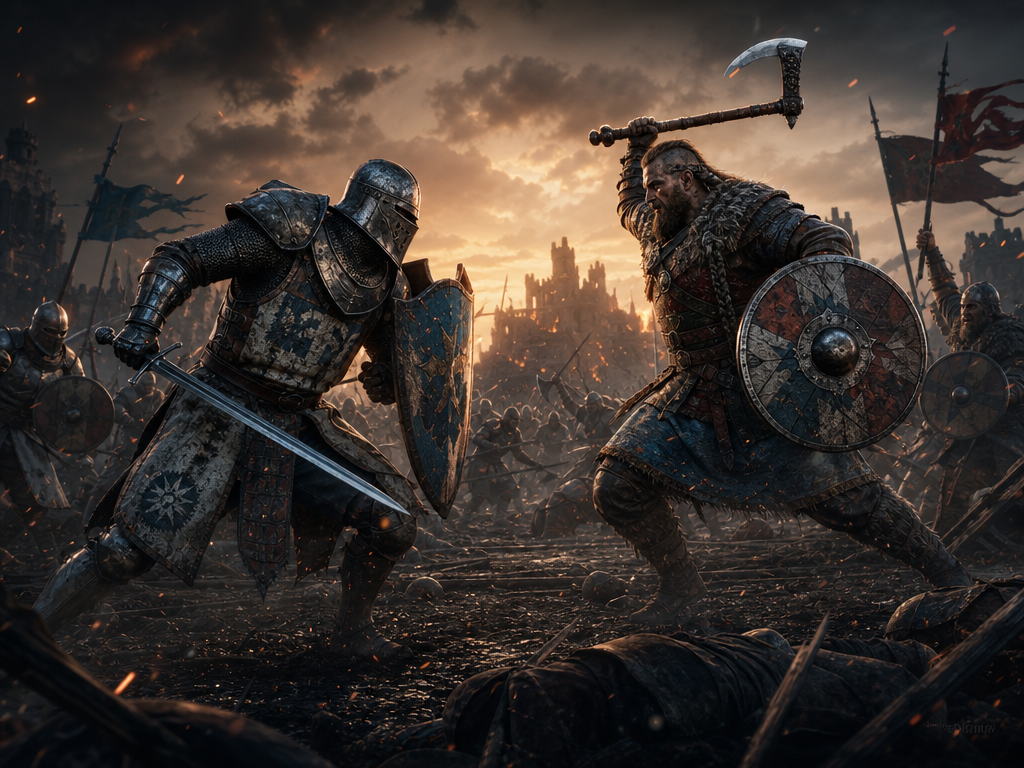 Illustration IA d'un affrontement médiéval entre chevaliers, ambiance épique sombre