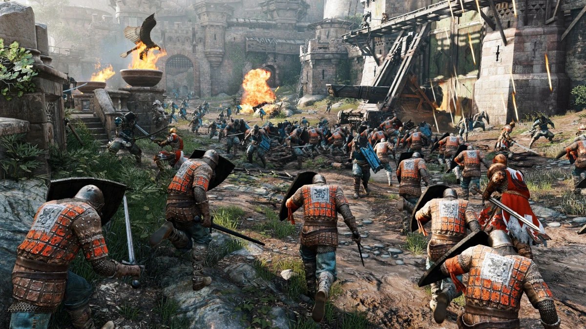 Capture d'écran du jeu For Honor : des combattants médiévaux s'affrontent sur un champ de bataille