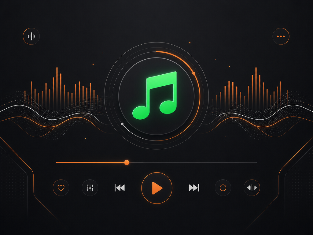 Illustration abstraite d'un lecteur de musique léger avec fond sombre et accents orange.