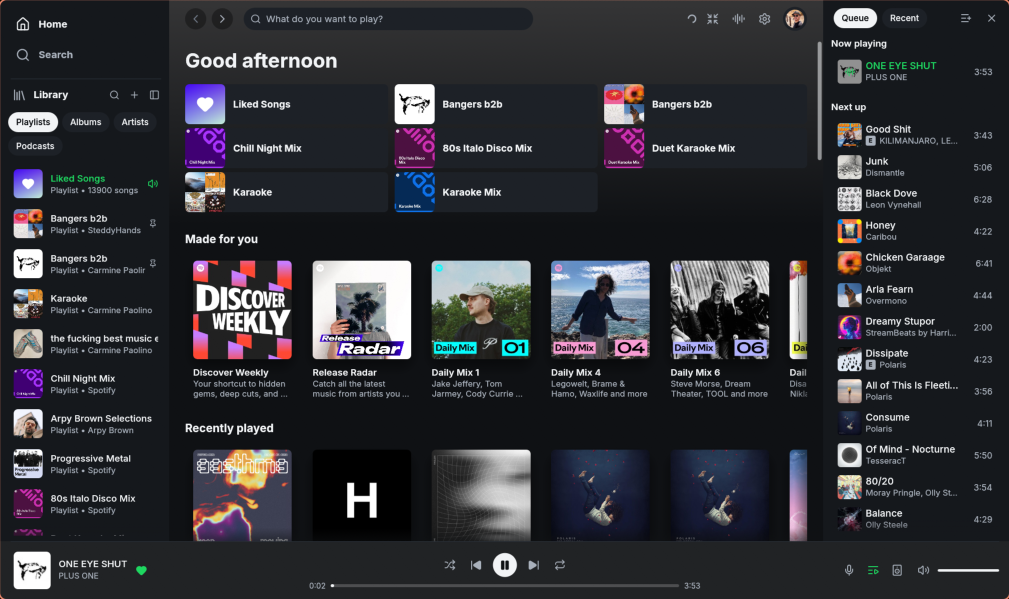 L'interface d'accueil de Fastpotify montrant la bibliothèque de playlists, les recommandations et le lecteur en bas.