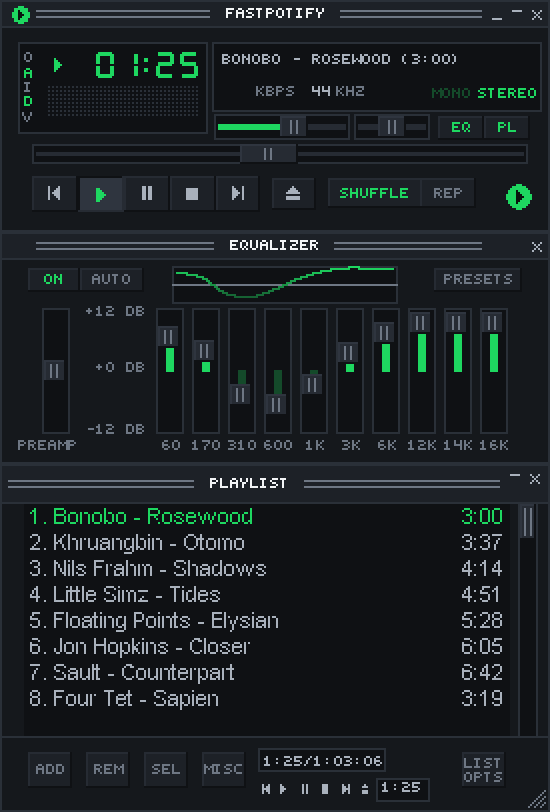 Le mini lecteur façon Winamp de Fastpotify avec son skin intégré et son égaliseur.