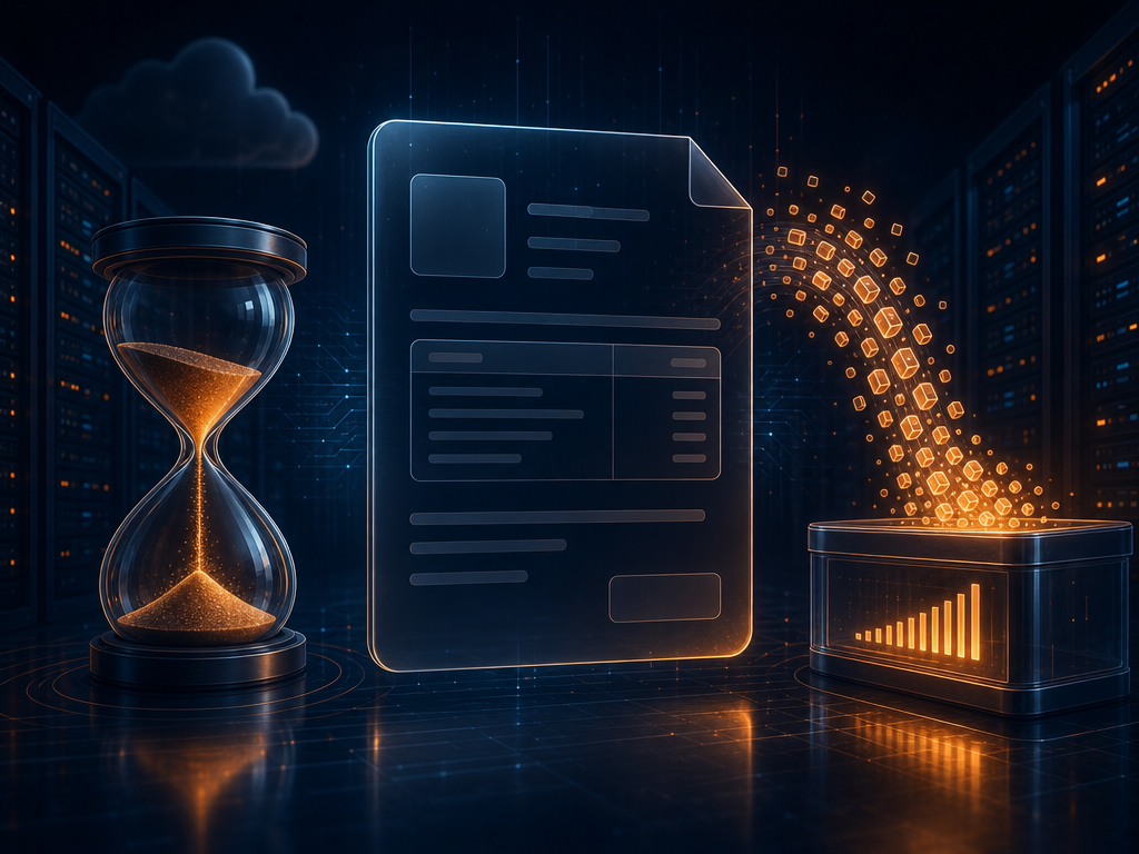 Illustration sombre et orange : sablier, facture transparente et flux de tokens vers un compteur