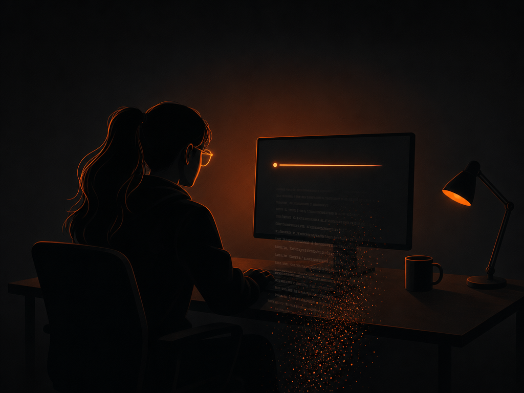 Illustration ponytail : un développeur à queue de cheval devant une seule ligne de code