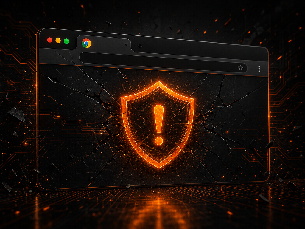 Illustration sombre d'un navigateur avec un bouclier d'alerte orange, évoquant une faille de sécurité Chrome.