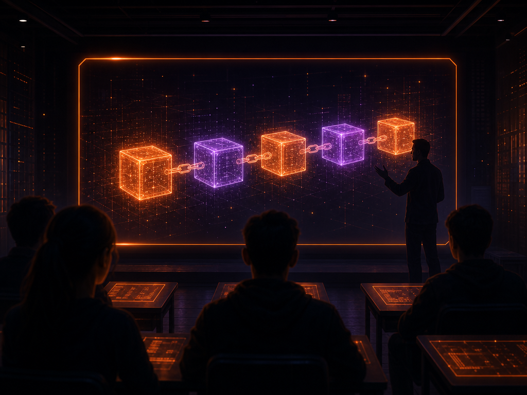 Illustration : classe virtuelle avec prof IA et blocs holographiques