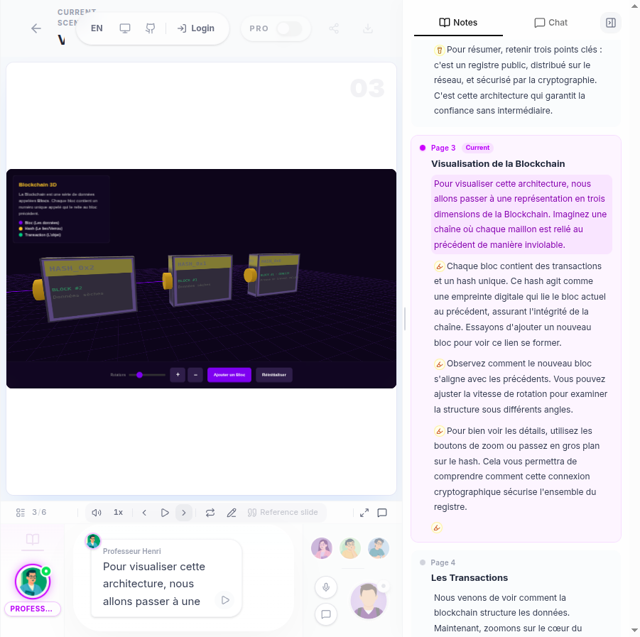 Scène Blockchain 3D dans la démo OpenMAIC, avec blocs, hachage et preuve de travail