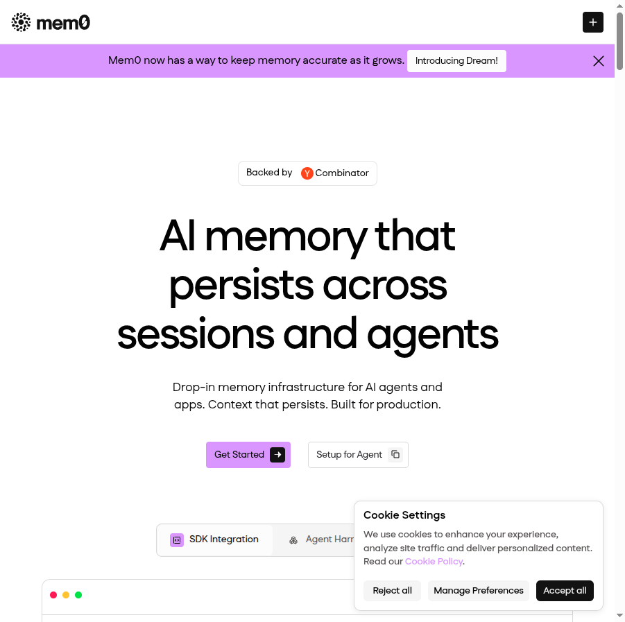 Page d'accueil de mem0, la couche mémoire pour agents IA