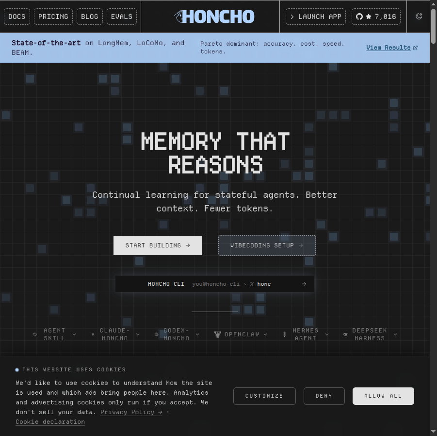 Page d'accueil d'Honcho : memory that reasons, avec intégration Hermes Agent officielle