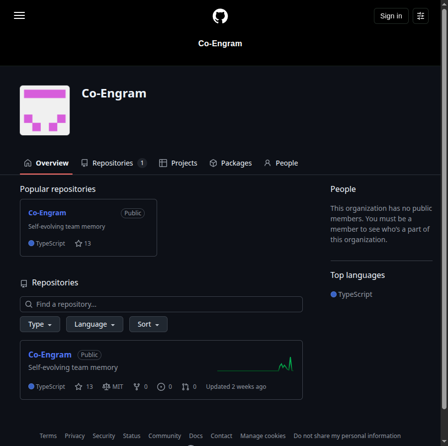 Organisation GitHub du projet Co-Engram, la mémoire d'équipe auto-évolutive