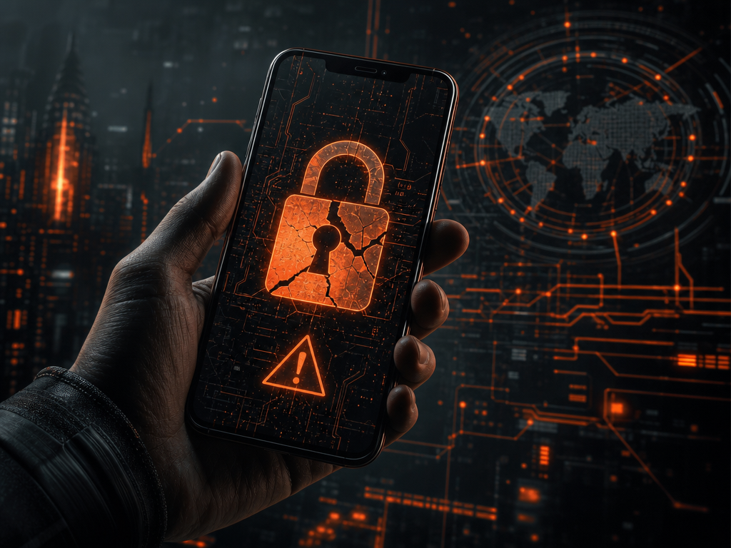 Illustration sombre d'un smartphone avec un cadenas fissuré, thème cybersécurité