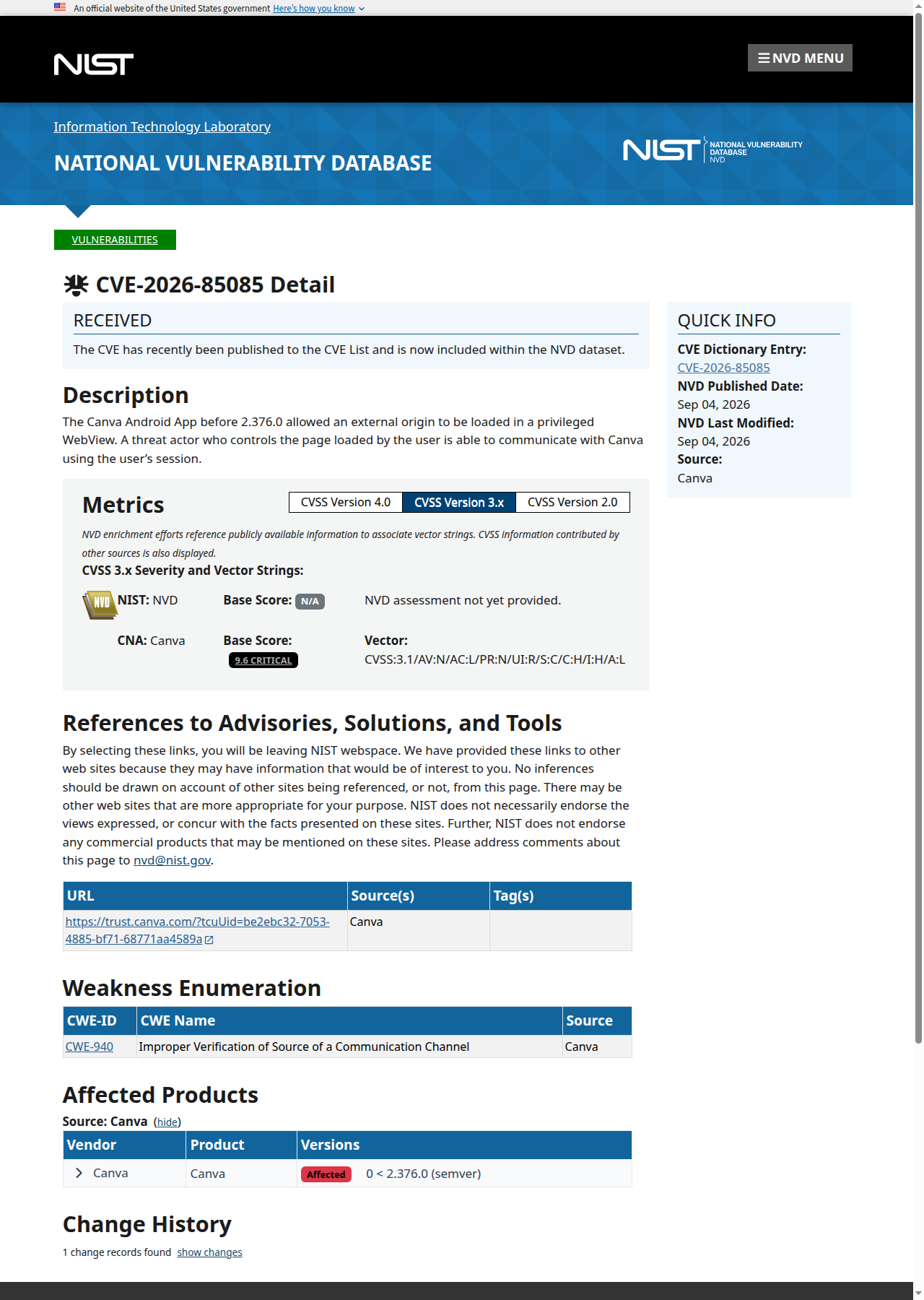 Fiche de la faille CVE-2026-85085 sur la base NVD, notée 9,6 sur 10 en criticité.