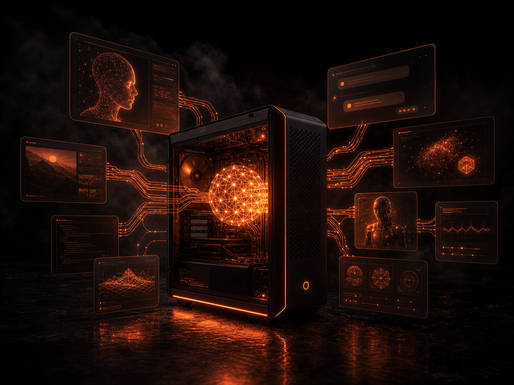 Illustration : un PC de bureau sombre avec un cœur de réseau neuronal orange connecté à des interfaces d'assistant IA