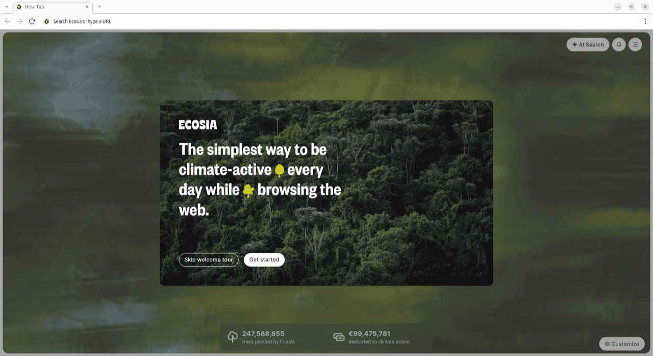 Fenêtre du navigateur Ecosia sur Linux au premier lancement
