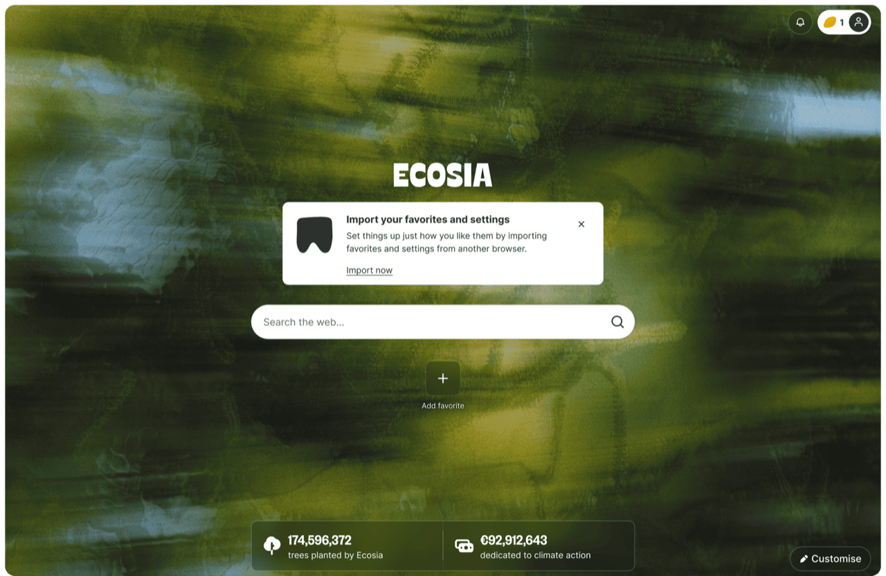 Page d'accueil du moteur Ecosia dans le navigateur Ecosia sous Linux