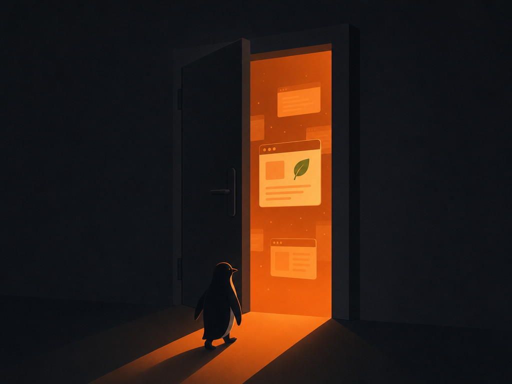 Illustration : un manchot devant une porte entrouverte laissant passer une lumière orange, des fenêtres d'applications derrière