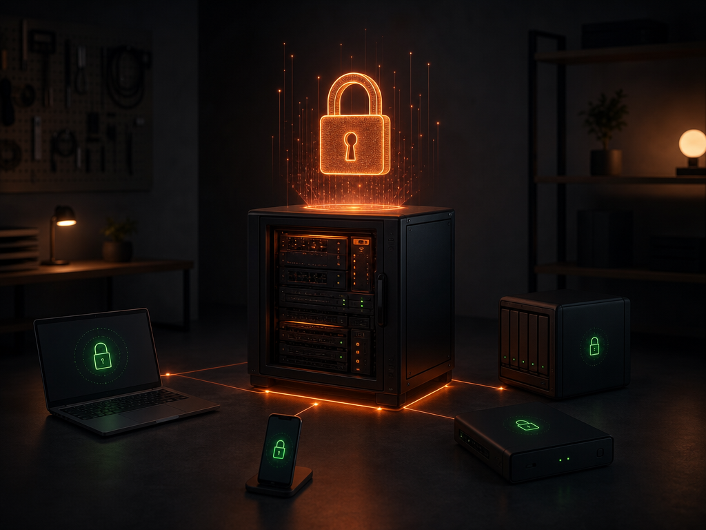Illustration d'un serveur domestique avec un cadenas orange au-dessus, entouré d'appareils protégés par des cadenas verts