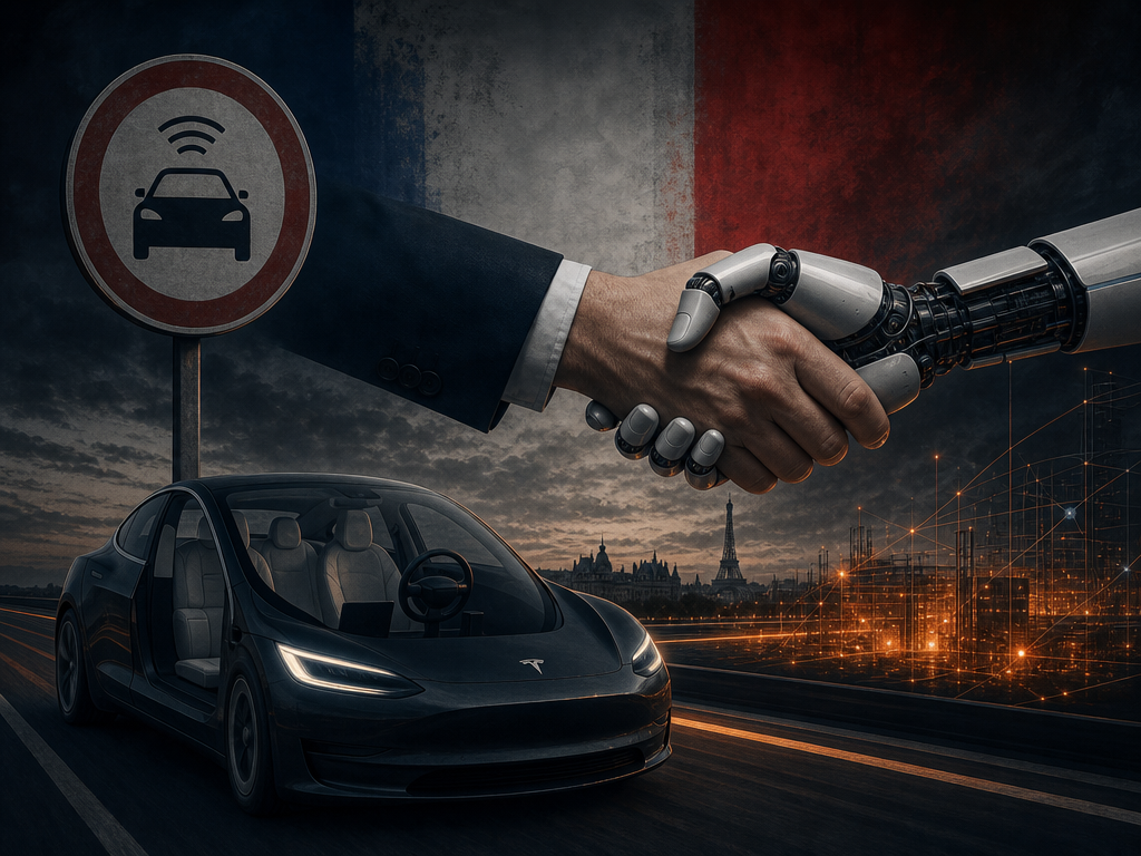 Illustration d'une Tesla conduisant seule sur une route française, poignée de main entre un ministre et un robot